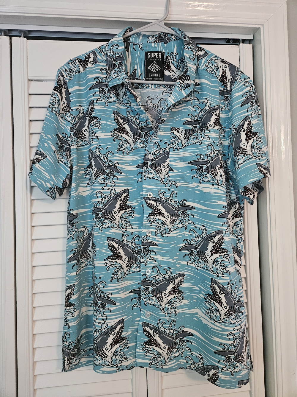 Super Massive Men’s Short-Sleeve Shark Print Shirt - Aqua, M